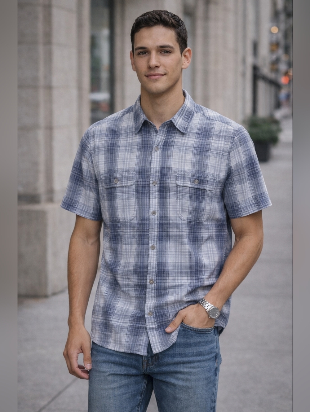 Cabela’s Plaid Button Up Shirt 2XL Men Blue Casual Outdoor Short Sleeve